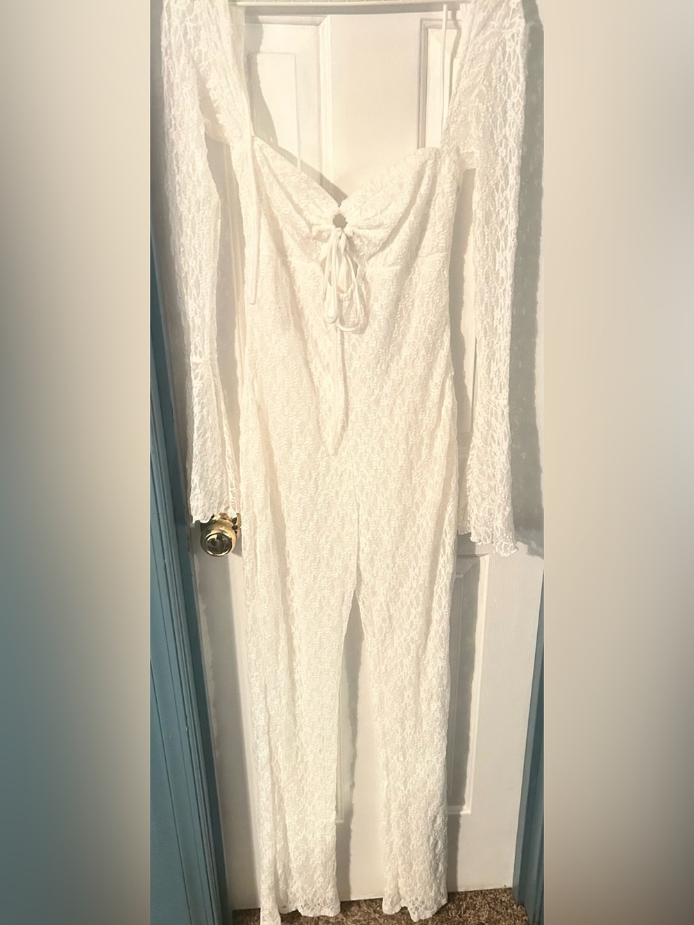 Fashion Nova Ivory Lace Long-Sleeve Jumpsuit